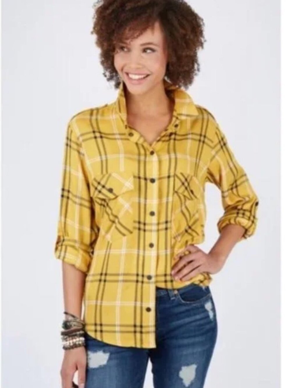 Sanctuary Yellow Plaid Button-Front Shirt - Lightweight Long Sleeve Size M